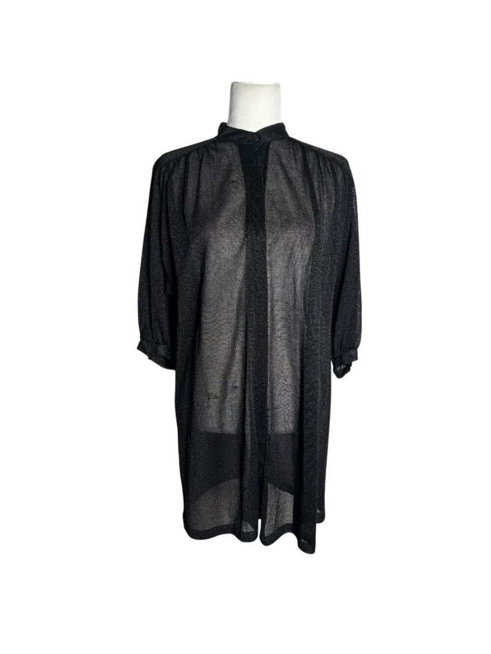 Vintage 90s Sheer Black Button Up Tunic Top Large Black Metallic Half Sleeve